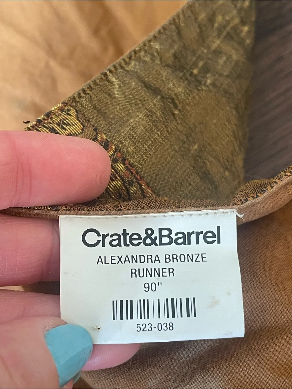 Crate & Barrel READ! Alexandra Bronze Green Brown Table Runner Dining 90x13.5”